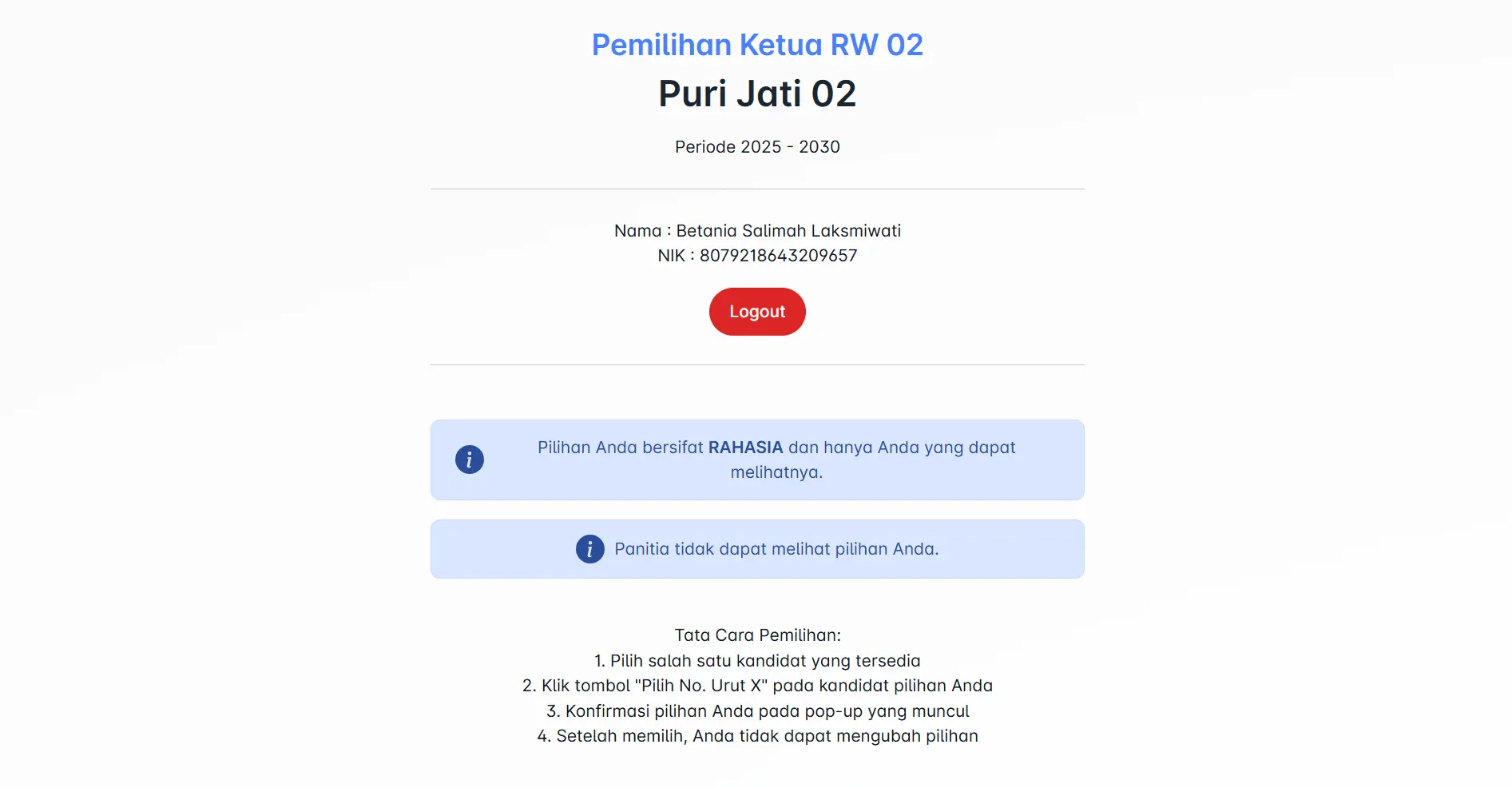 Screenshot: Dashboard Pemilihan