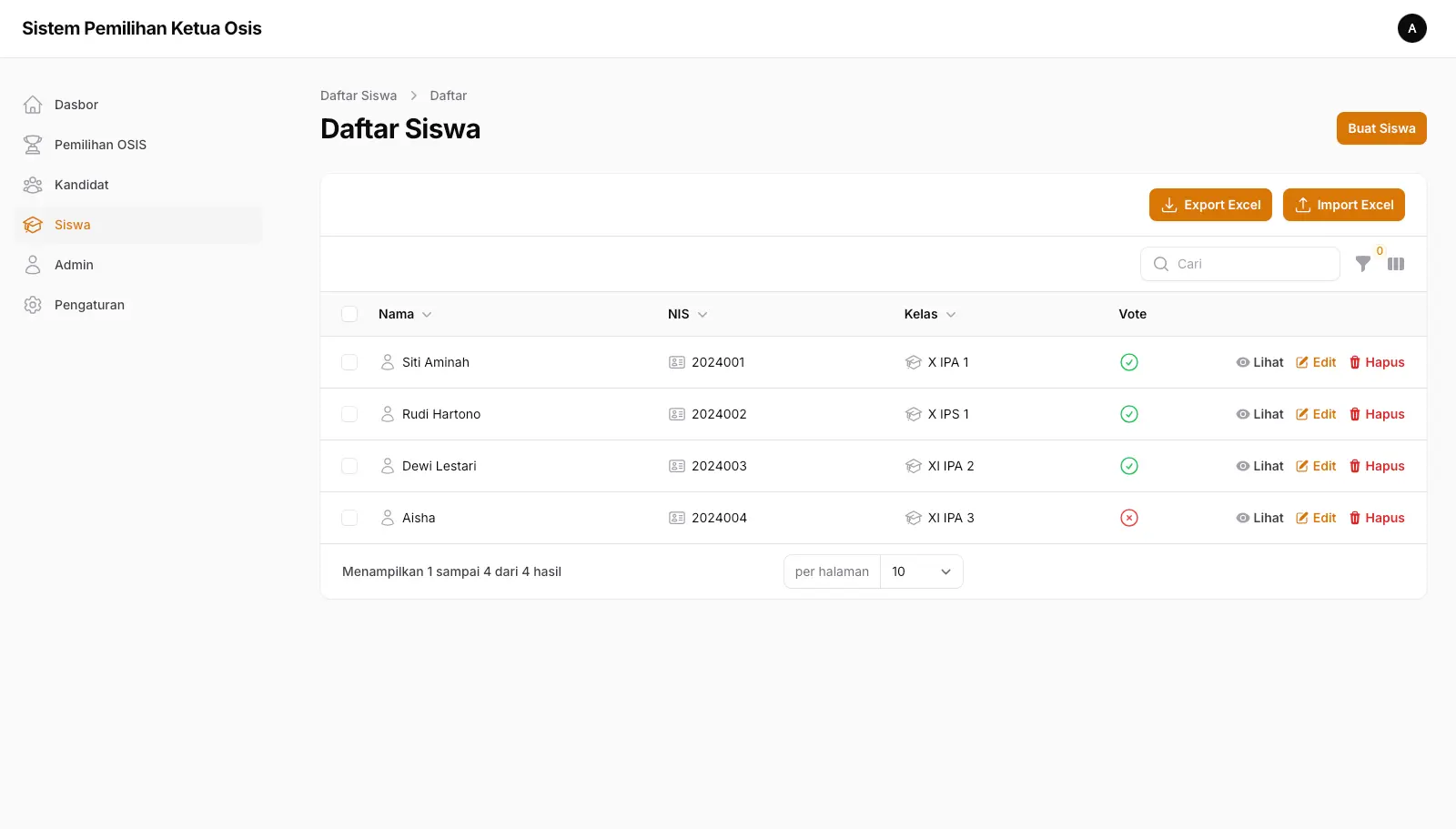 Screenshot: Dashboard Admin - Siswa