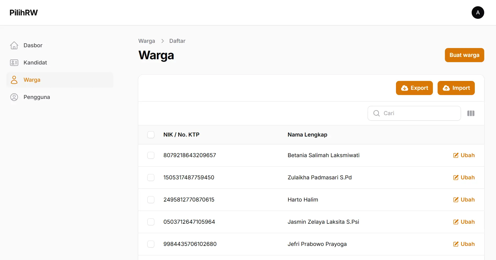 Screenshot: Kelola Warga - Admin Dashboard